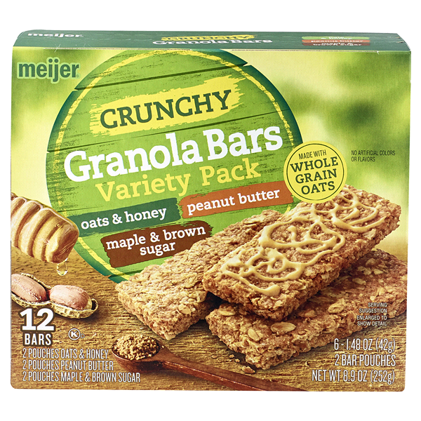 slide 1 of 1, Meijer Crunchy Granola Bars, Variety Pack, 6-2 Bar Pouches, 8.9 oz
