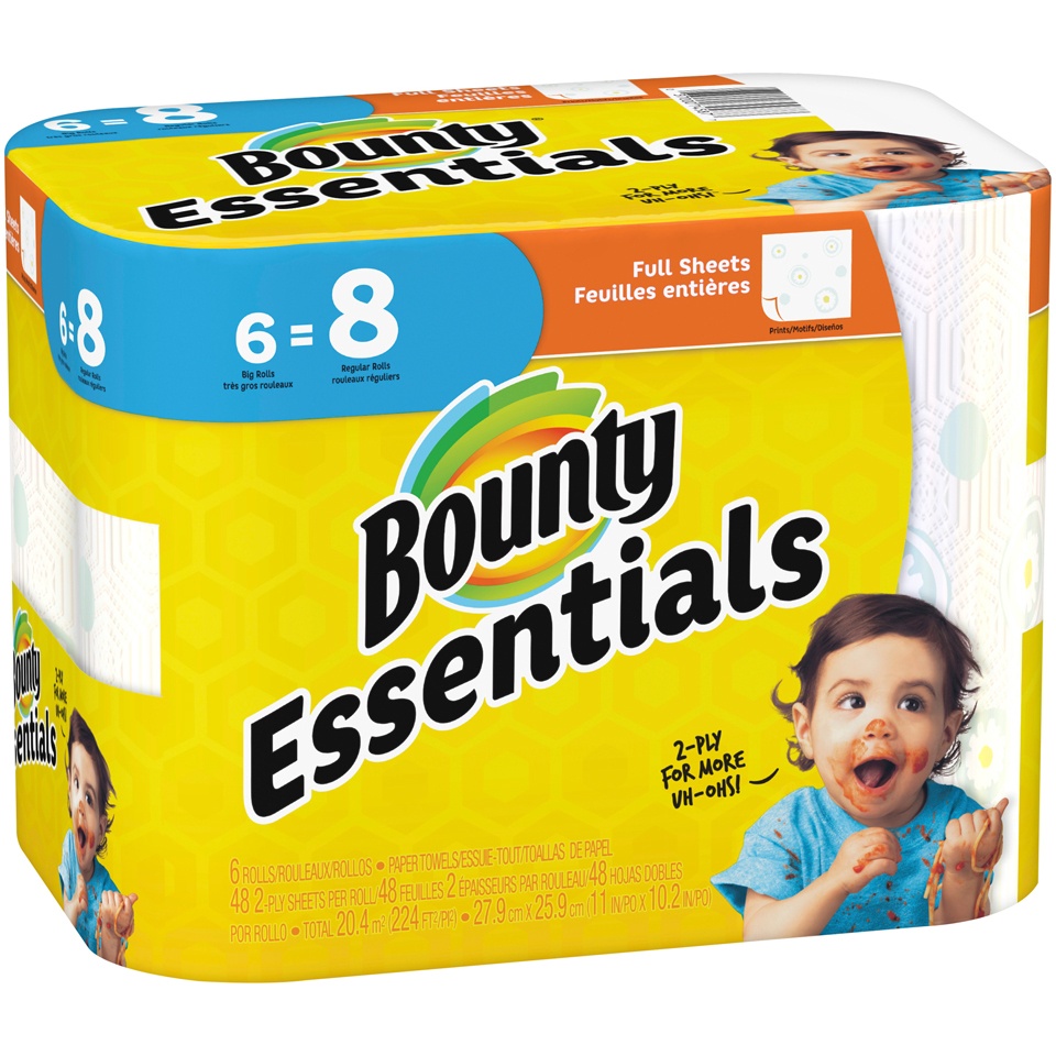 slide 3 of 4, Bounty Essentials Full Sheet Print Big Rolls Paper Towels, 6 ct