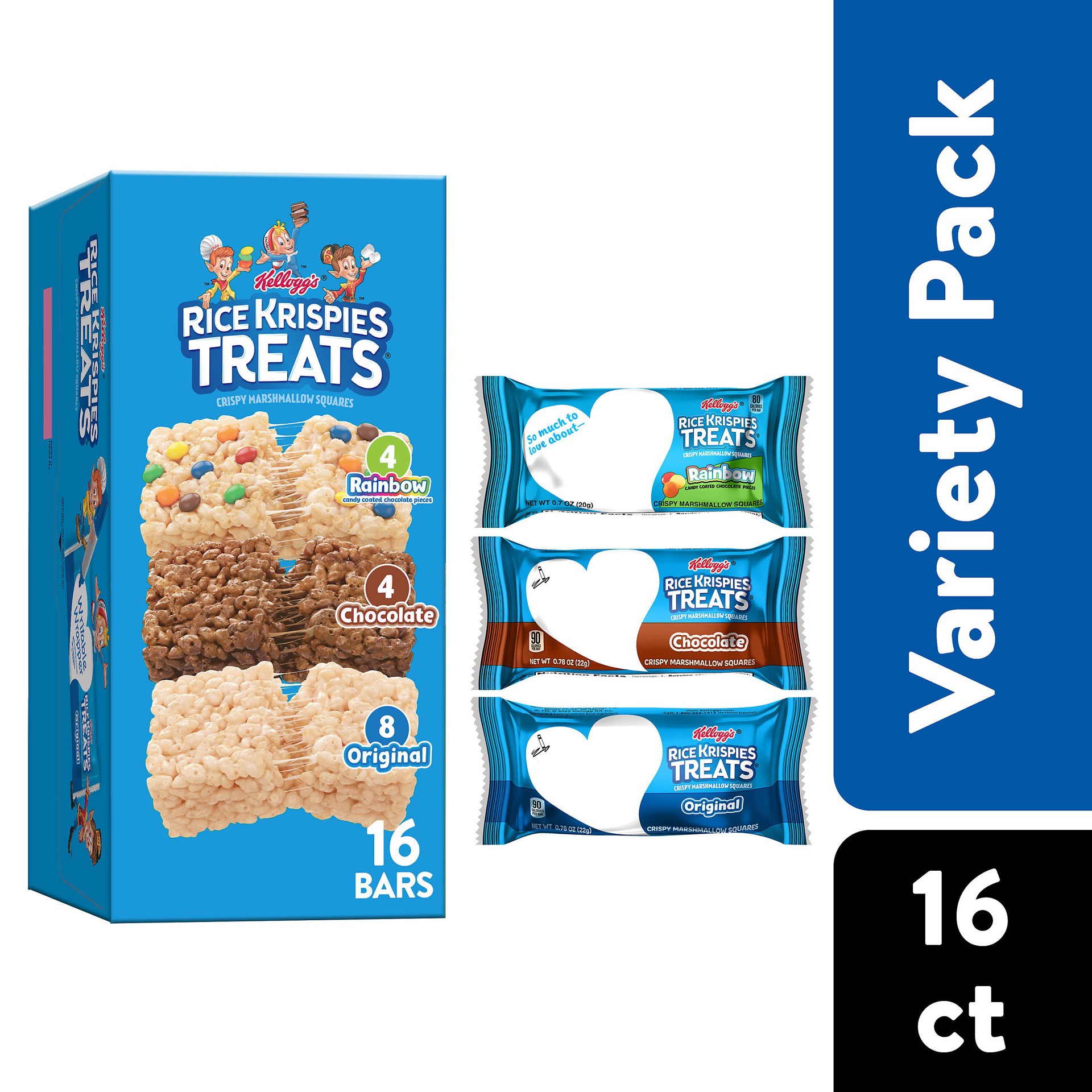 slide 1 of 8, Rice Krispies Treats Crispy Marshmallow Squares, Kids Snacks, Cereal Bars, Variety Pack, 12.1oz Box, 16 Bars, 12.1 oz