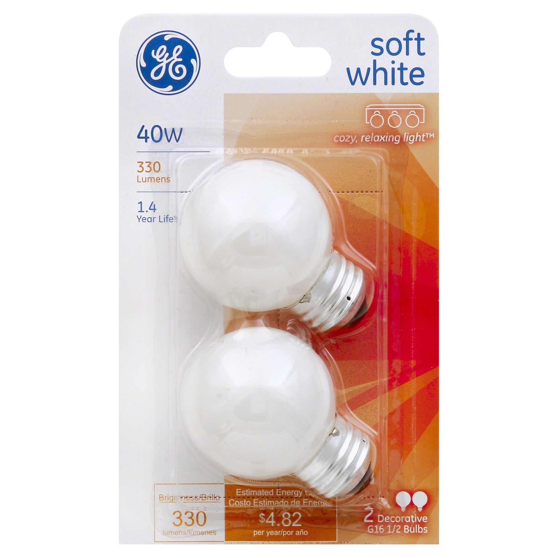 slide 1 of 1, GE 40 watt Soft White Medium Base Globe Light Bulbs, 2 ct