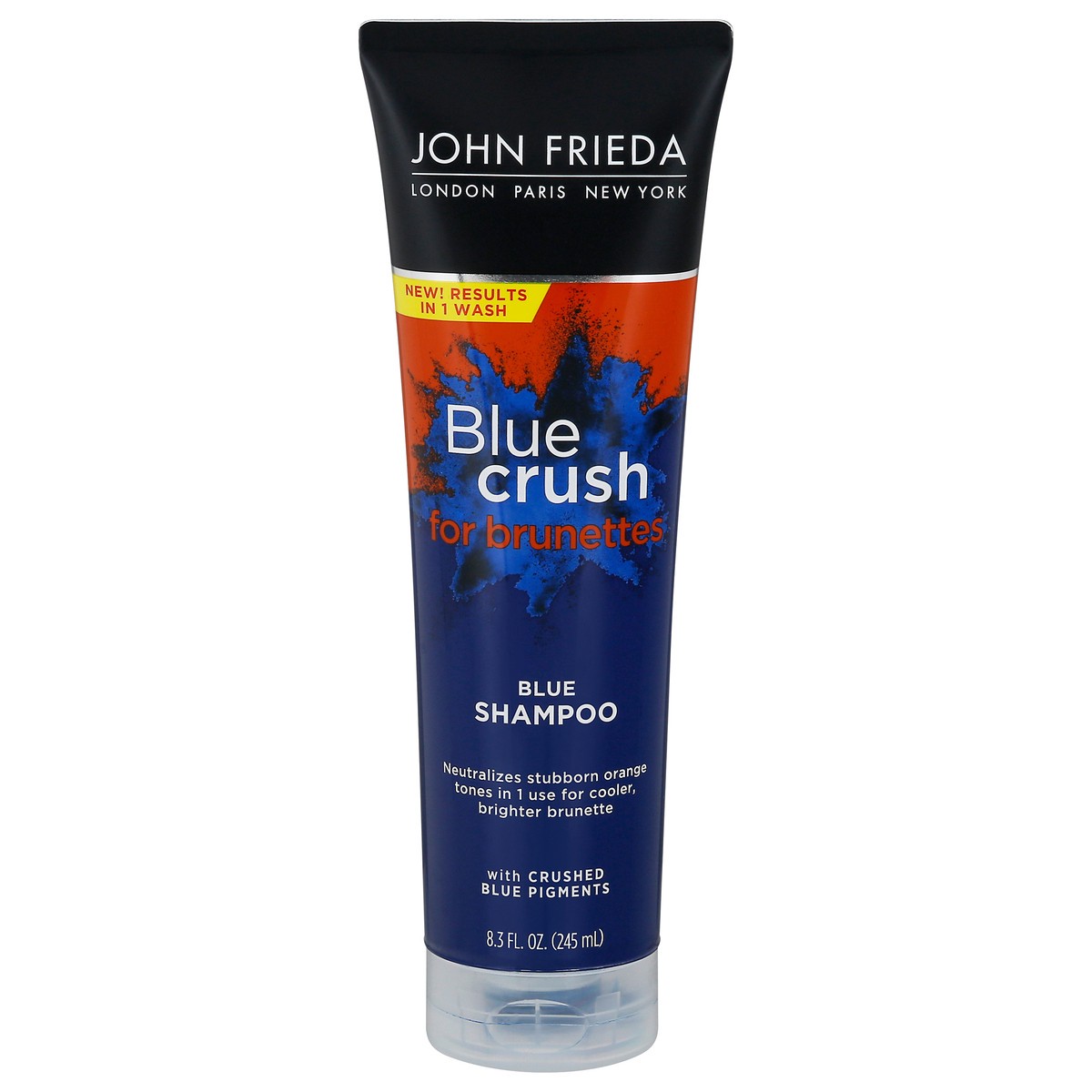 slide 1 of 5, John Frieda Blue Crush for Brunettes Blue Shampoo, 8.3 Fl Ounces, Neutralizes Brassy Tones, Toning Shampoo for Color Treated and Natural Brunette Hair, 8.3 fl oz