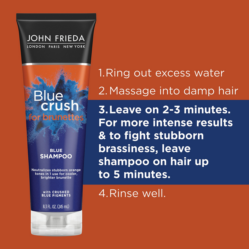 slide 4 of 5, John Frieda Blue Crush for Brunettes Blue Shampoo, 8.3 Fl Ounces, Neutralizes Brassy Tones, Toning Shampoo for Color Treated and Natural Brunette Hair, 8.3 fl oz