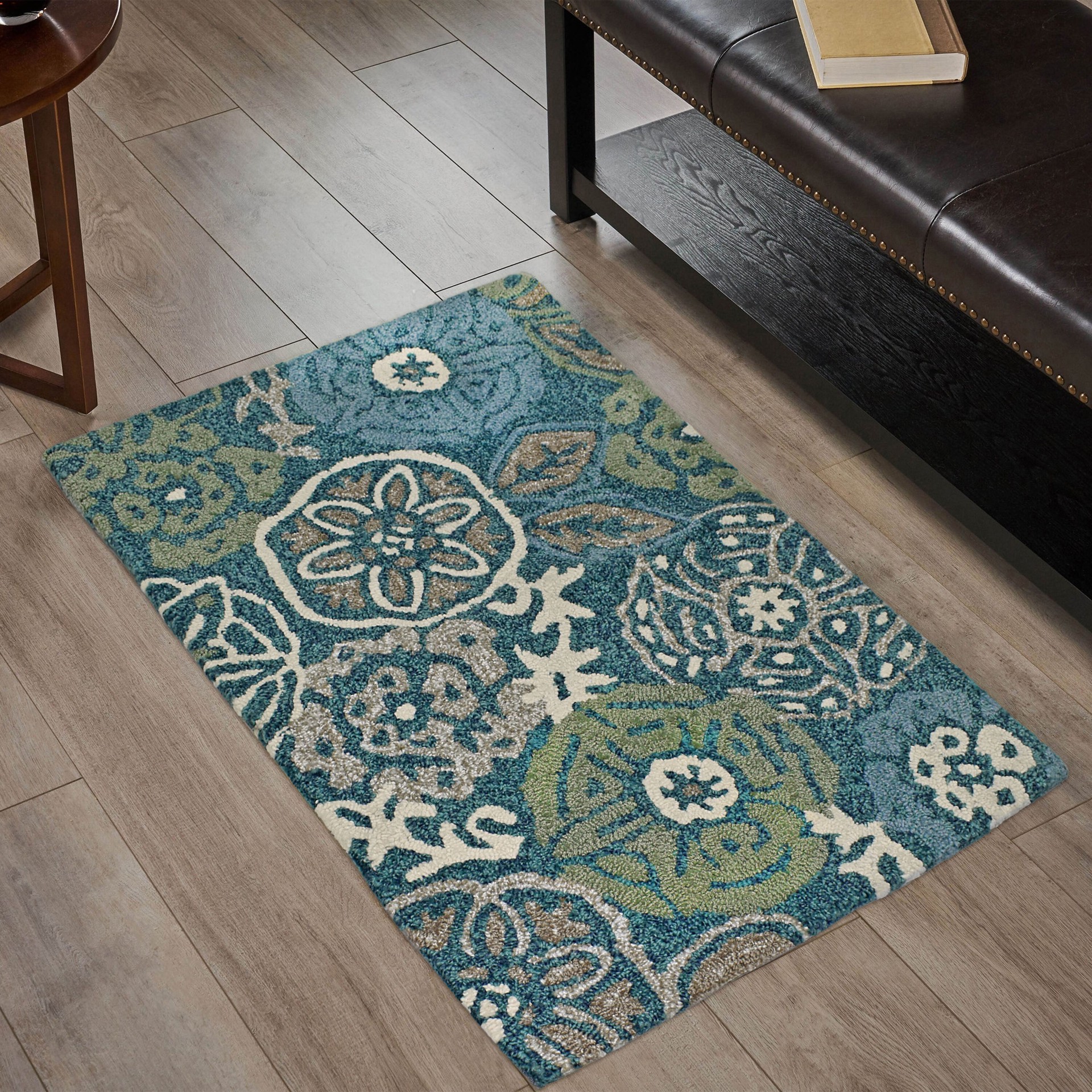 slide 1 of 6, allen + roth with STAINMASTER 2-ft x 3-ft Tufted Polypropylene Teal Rectangular Indoor, Outdoor Hose Washable Throw rug, 1 ct