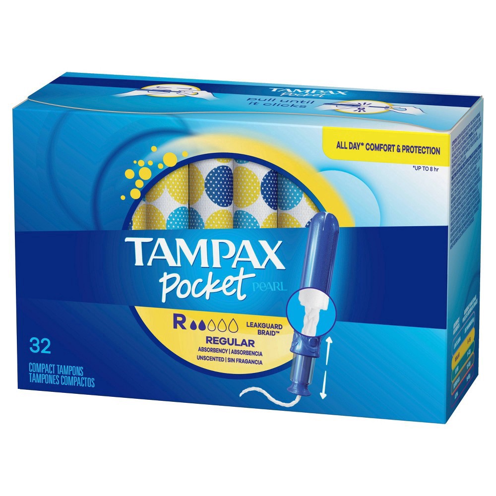 slide 6 of 8, Tampax Pocket Pearl Compact Tampons Regular Absorbency with BPA-Free Plastic Applicator and LeakGuard Braid, Unscented, 32 Count, 32 ct