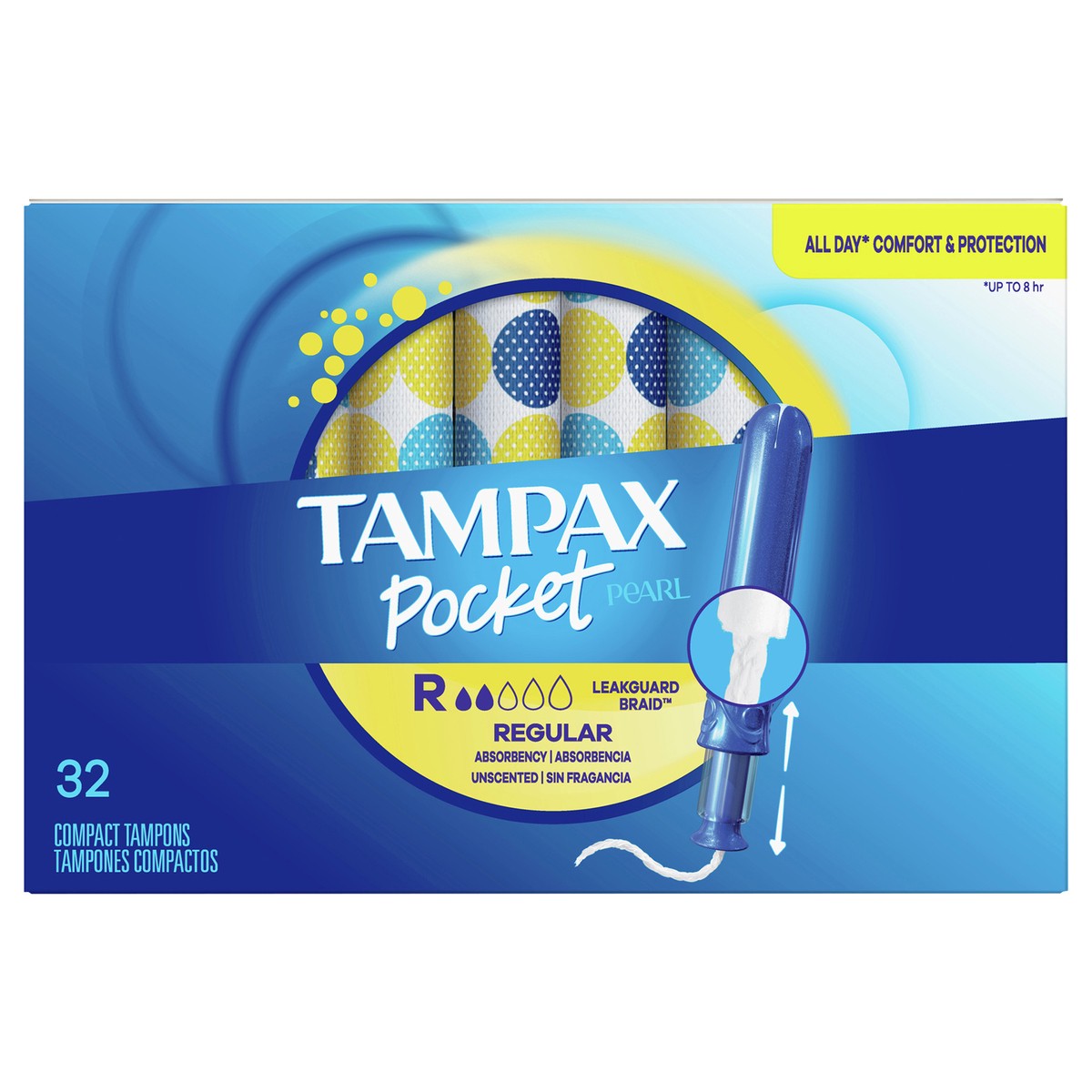 slide 1 of 8, Tampax Pocket Pearl Compact Tampons Regular Absorbency with BPA-Free Plastic Applicator and LeakGuard Braid, Unscented, 32 Count, 32 ct