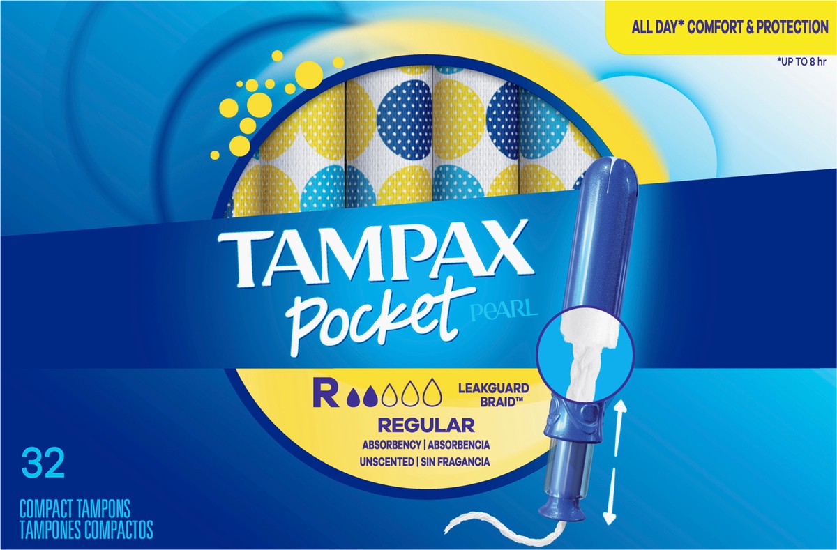 slide 1 of 8, Tampax Pocket Pearl Compact Tampons Regular Absorbency with BPA-Free Plastic Applicator and LeakGuard Braid, Unscented, 32 Count, 32 ct