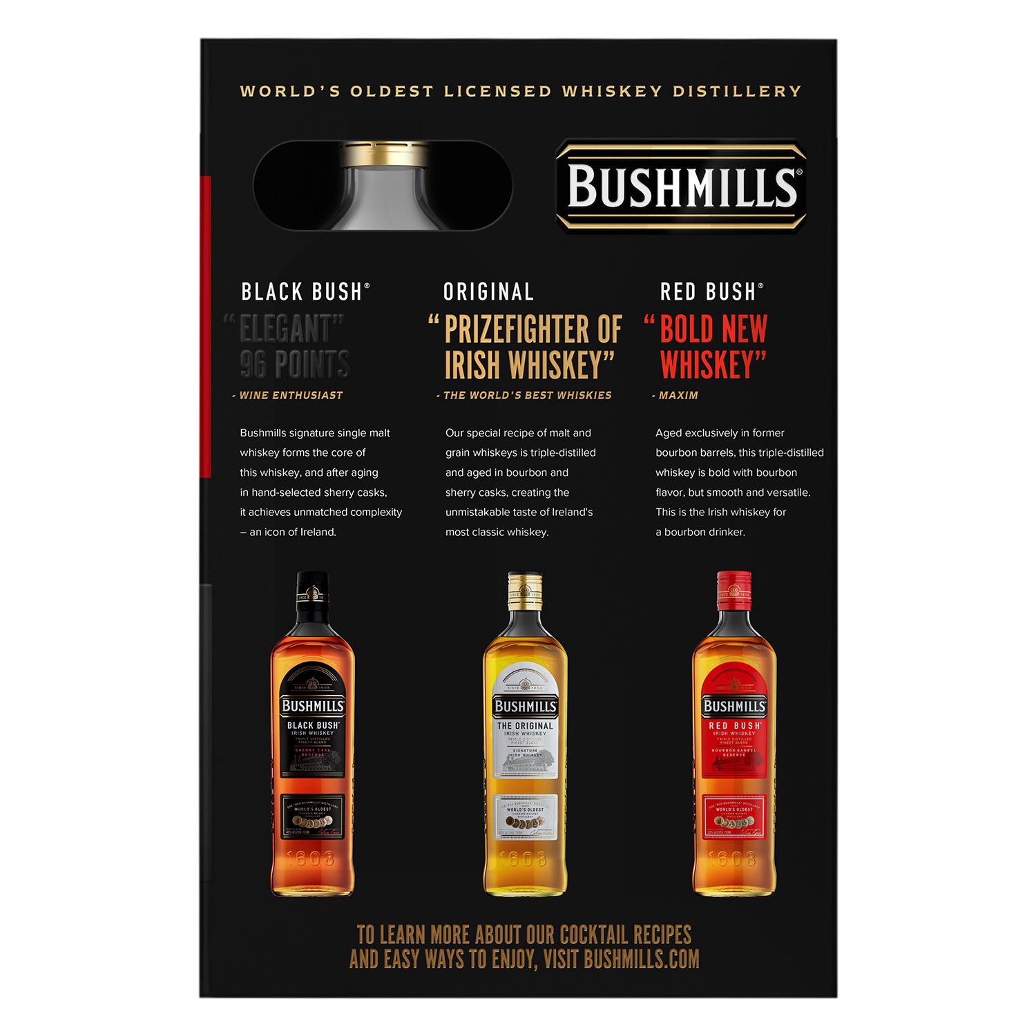 slide 2 of 10, Bushmills Original + Black Bush 50 ml + Red Bush 50 ml 750 ml - VAP/Gift Pack, 750 ml