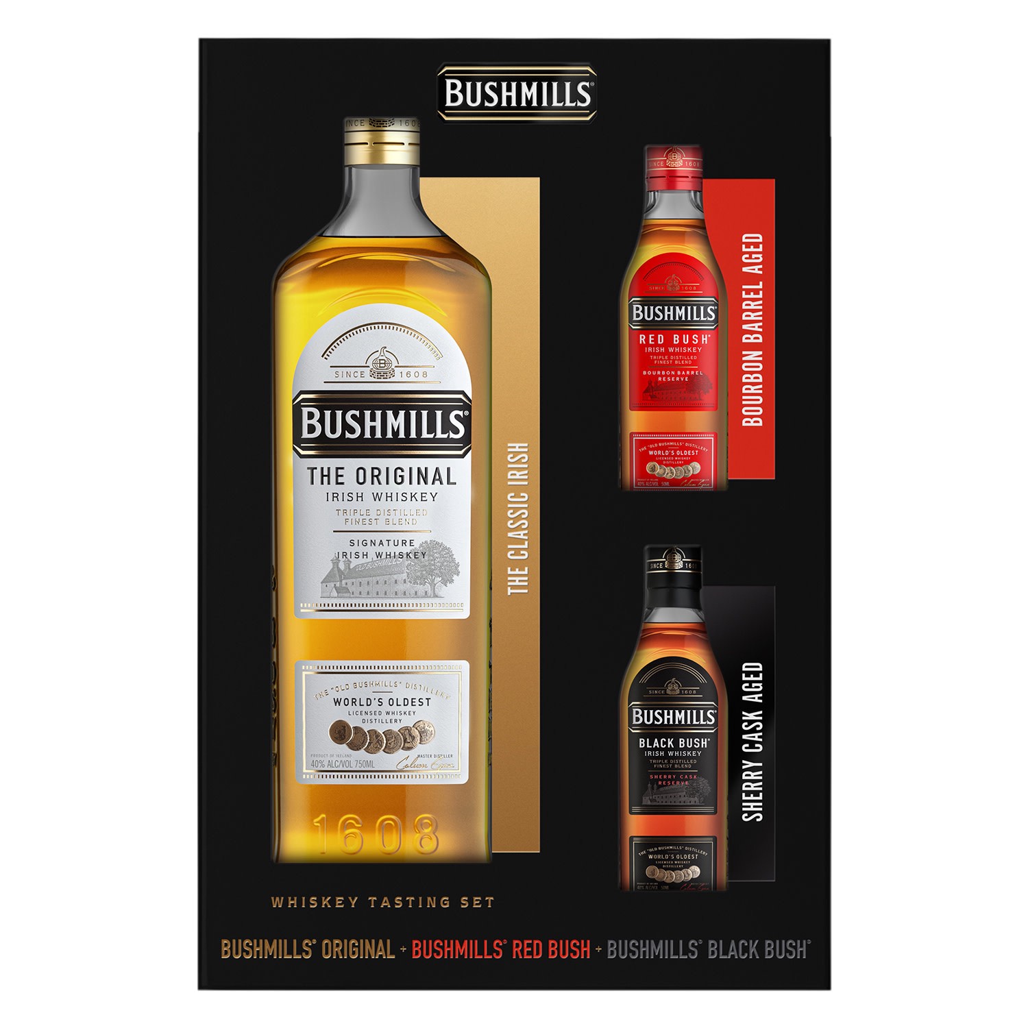 slide 1 of 10, Bushmills Original + Black Bush 50 ml + Red Bush 50 ml 750 ml - VAP/Gift Pack, 750 ml