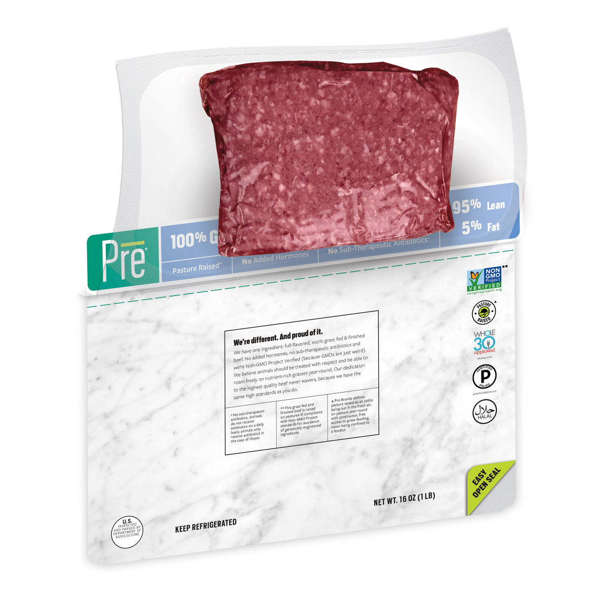 slide 11 of 21, Pre, 95% Lean Ground Beef Grass-Fed, Grass-Finished, and Pasture-Raised 16oz., 1 lb