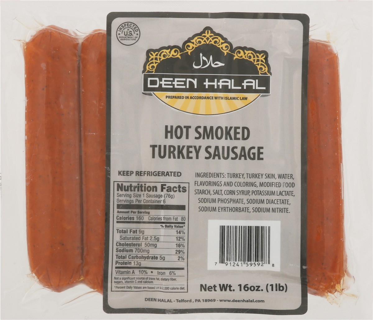 slide 6 of 13, Deen Halal Hot Smoked Hot Smoked Turkey Sausage 16 oz, 16 oz