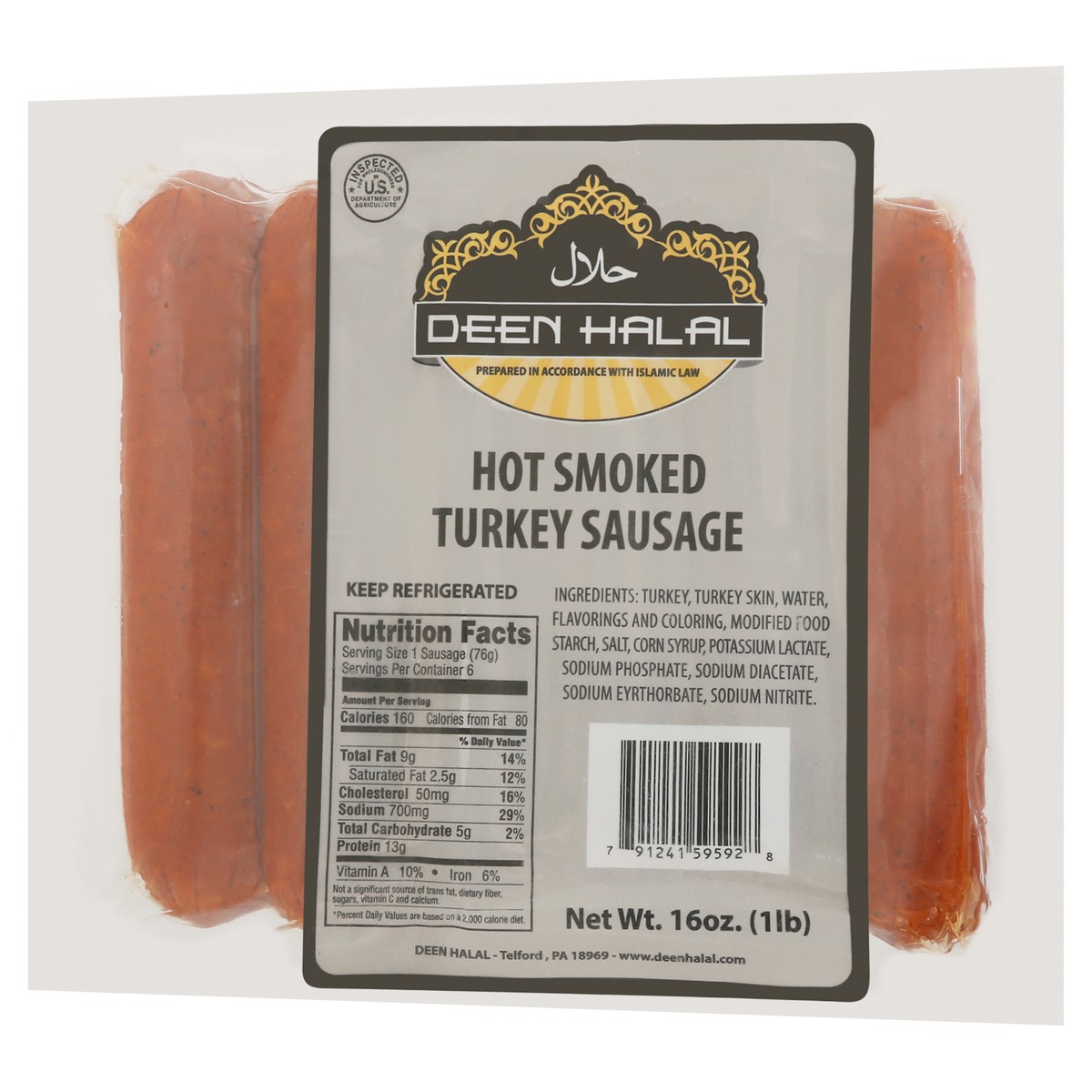 slide 2 of 13, Deen Halal Hot Smoked Hot Smoked Turkey Sausage 16 oz, 16 oz