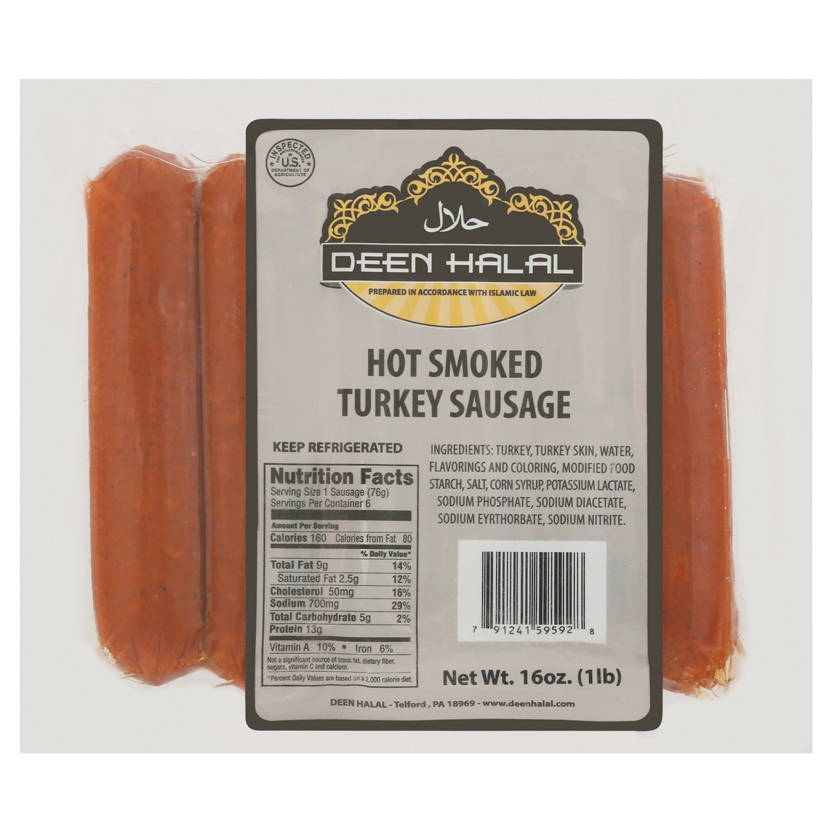 slide 1 of 13, Deen Halal Hot Smoked Hot Smoked Turkey Sausage 16 oz, 16 oz