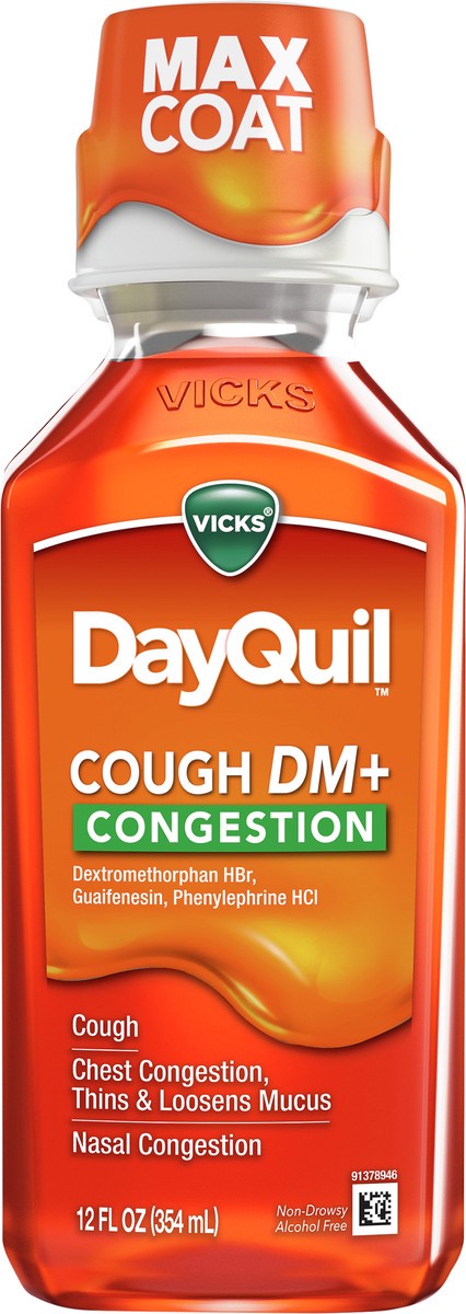 slide 2 of 2, Vicks DayQuil Cough DM+ Congestion Relief Liquid Medicine, Maximum Strength Multi-Symptom Non-Drowsy Daytime Relief for Cough, Chest Congestion, Mucus, and Nasal Congestion, 12 FL OZ, 12 oz