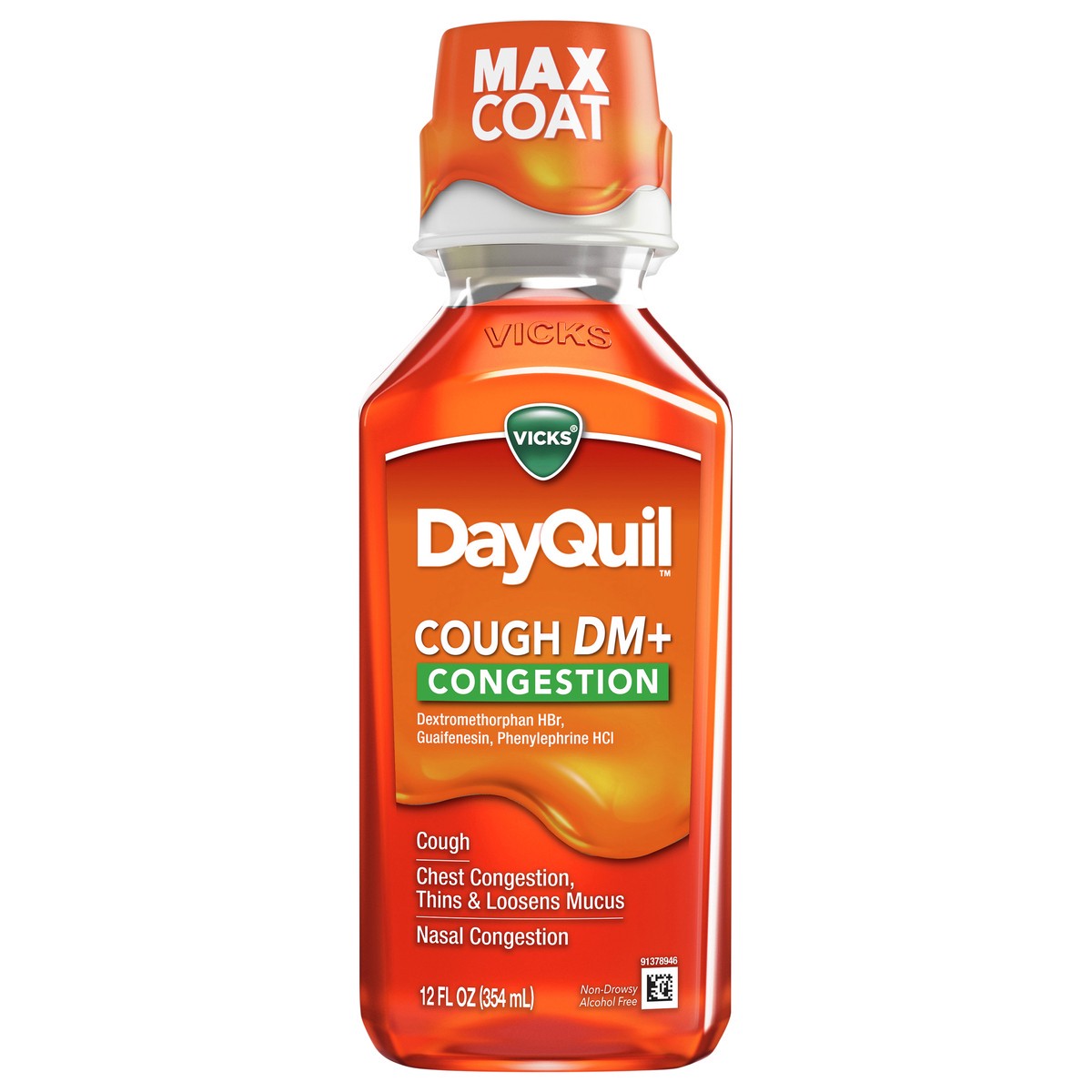 slide 1 of 2, Vicks DayQuil Cough DM+ Congestion Relief Liquid Medicine, Maximum Strength Multi-Symptom Non-Drowsy Daytime Relief for Cough, Chest Congestion, Mucus, and Nasal Congestion, 12 FL OZ, 12 oz