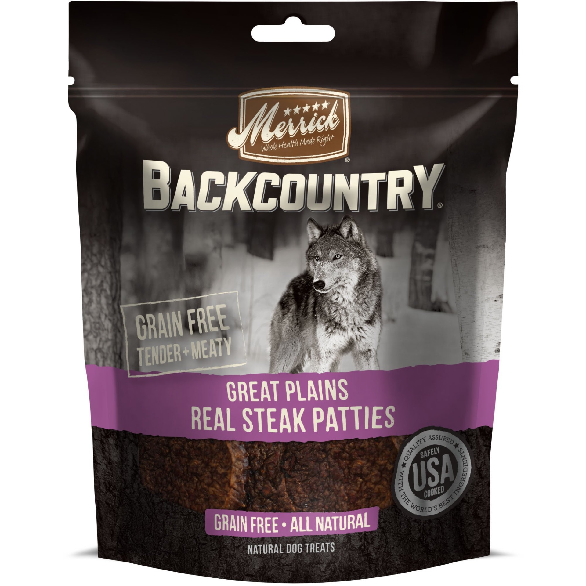 slide 1 of 1, Merrick Backcountry Great Plains Real Steak Patties Grain Free Dog Treats, 4 oz