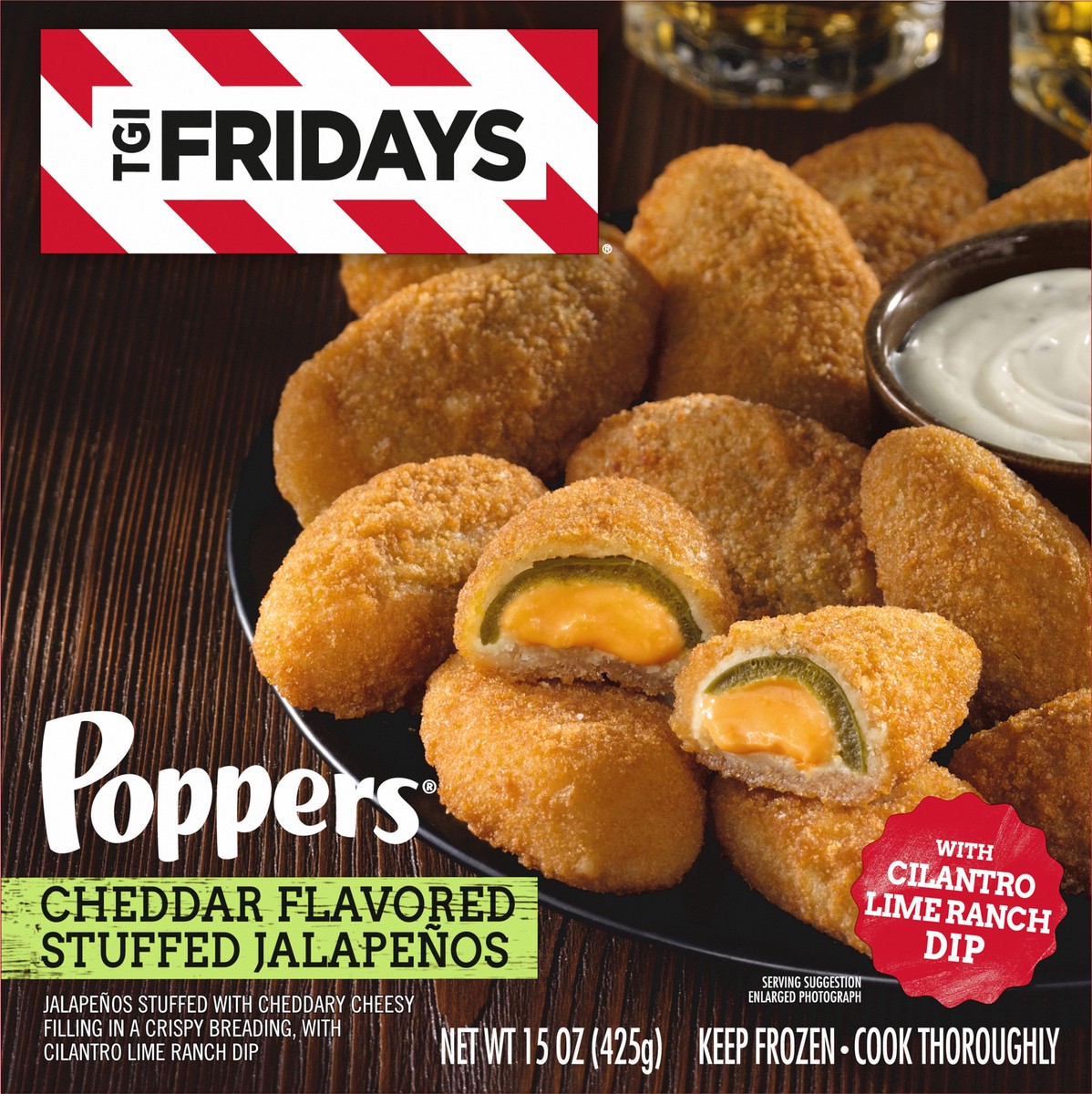 slide 3 of 9, T.G.I. Fridays TGI Fridays Frozen Appetizers Cheddar Cheese Stuffed Jalapeno Poppers with Cilantro Lime Ranch Dip, 15 oz. Box, 15 oz