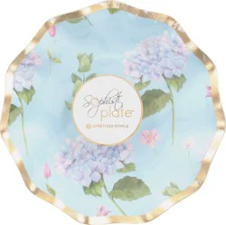 Sophistiplate Appetizer bowl 6.5 in, Gold foil trim, blue background with hydrangea flowers