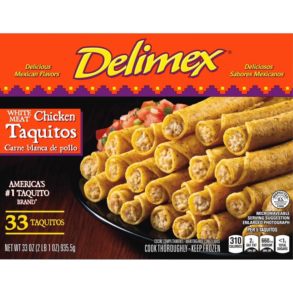 slide 2 of 9, Delimex White Meat Chicken Corn Taquitos Frozen Snacks, 33 oz, 33 ct