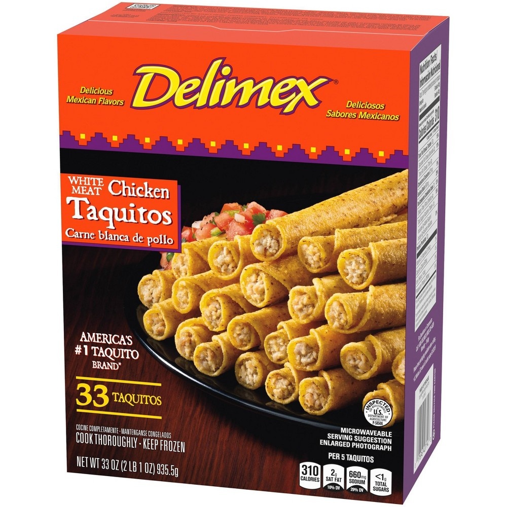 slide 4 of 9, Delimex White Meat Chicken Corn Taquitos Frozen Snacks, 33 oz, 33 ct