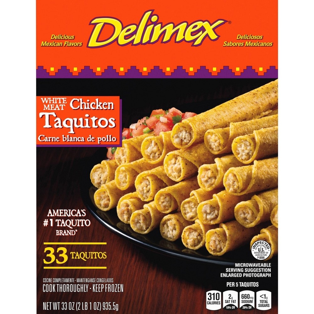 slide 5 of 9, Delimex White Meat Chicken Corn Taquitos Frozen Snacks, 33 oz, 33 ct