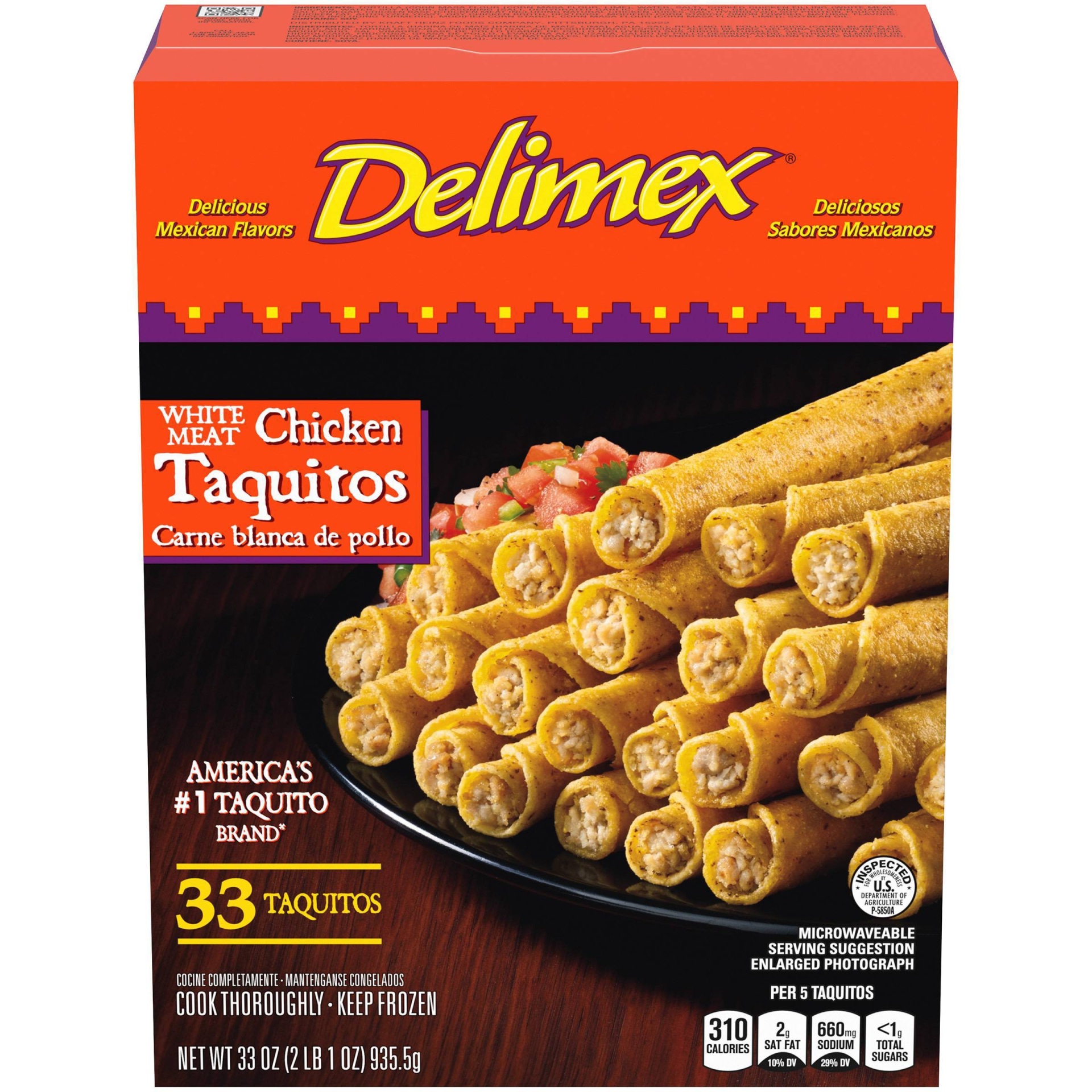 slide 1 of 9, Delimex White Meat Chicken Corn Taquitos Frozen Snacks, 33 oz, 33 ct