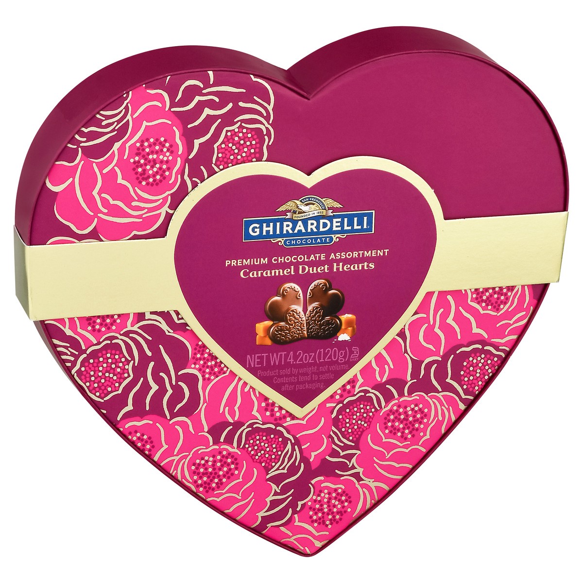 slide 2 of 9, Ghirardelli Assortment Caramel Asst Medium Duet Heart Gift, 4.2 oz