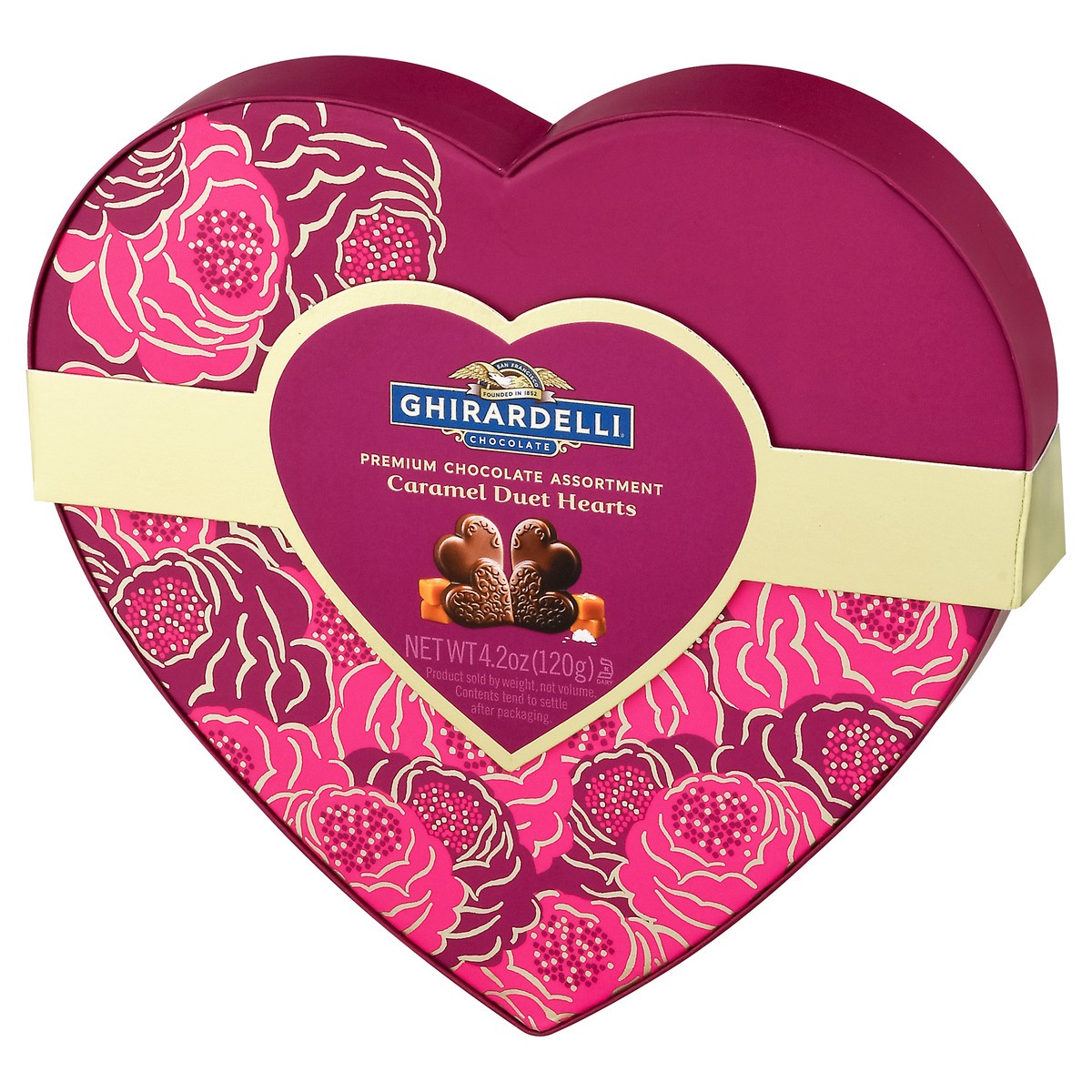 slide 3 of 9, Ghirardelli Assortment Caramel Asst Medium Duet Heart Gift, 4.2 oz