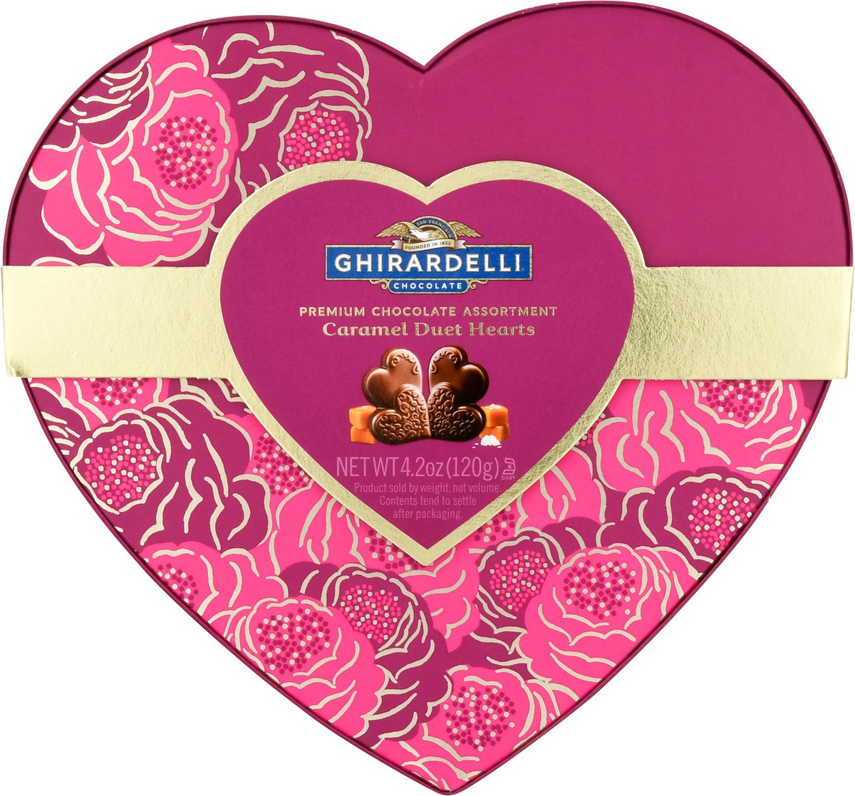 slide 1 of 9, Ghirardelli Assortment Caramel Asst Medium Duet Heart Gift, 4.2 oz