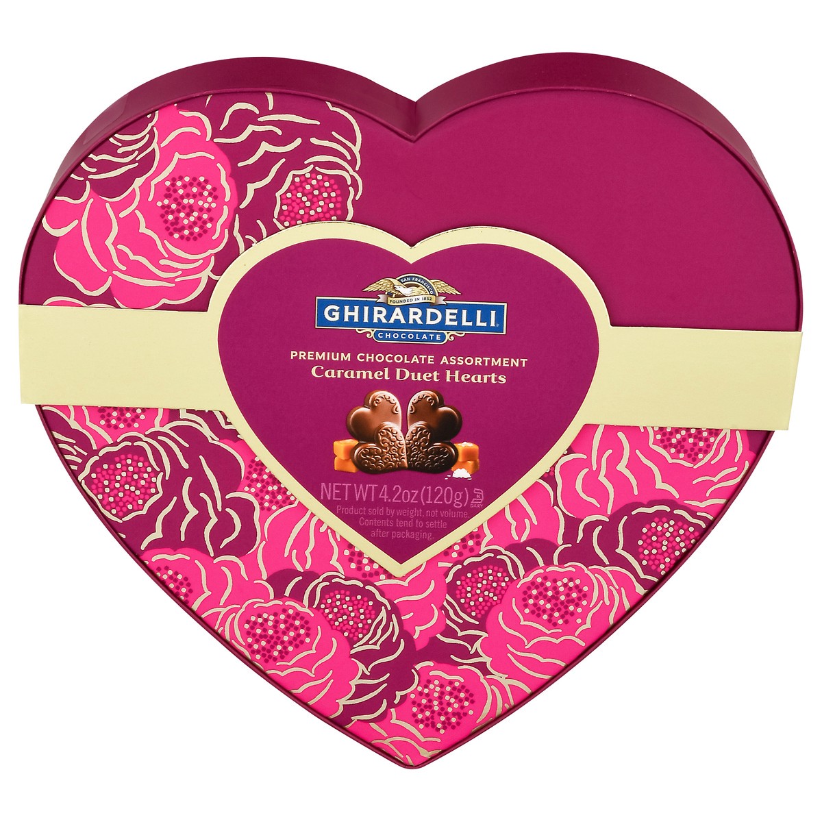 slide 1 of 9, Ghirardelli Assortment Caramel Asst Medium Duet Heart Gift, 4.2 oz