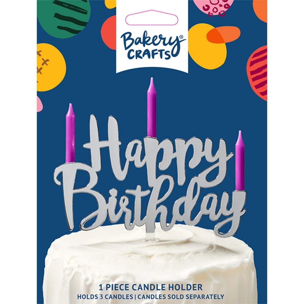 slide 1 of 1, Decopac Bakery Crafts Silver Happy Birthday Candle Holder, 1 ct