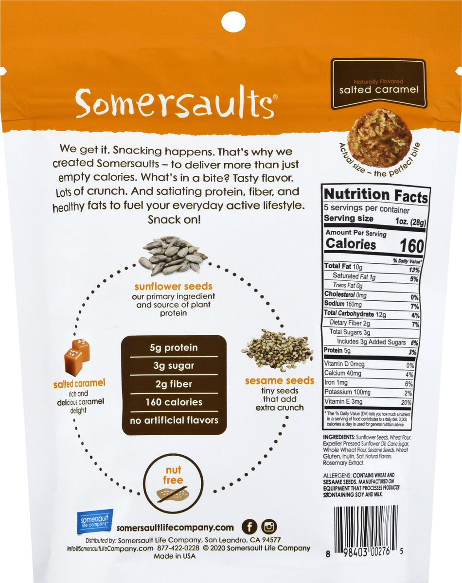 slide 5 of 9, Somersaults Salted Caramel Sunflower Seed Crunchy Bites 5 oz Stand Pack, 6 oz