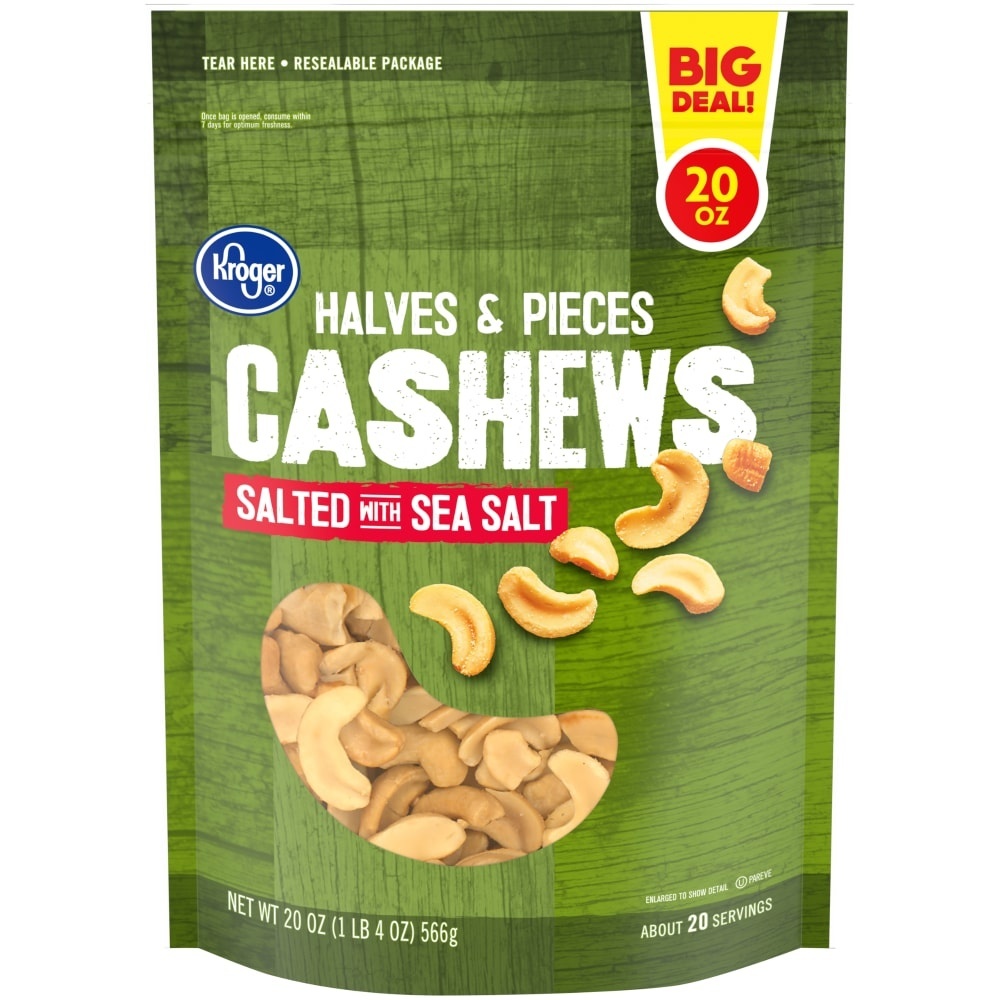 slide 1 of 1, Kroger Salted Cashews Halves & Pieces, 20 oz