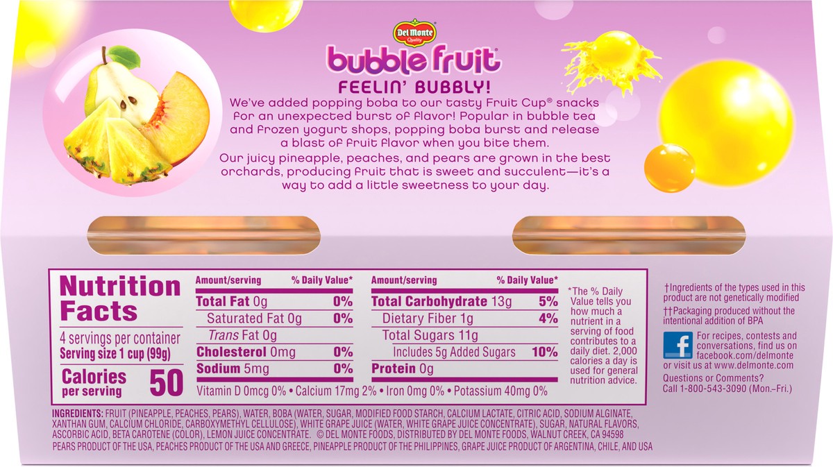 slide 4 of 7, Del Monte Tropical Mixed Fruit Flavor Bubble Fruit 4 Cups 3.5 oz Cup/Tub/Bowl 4 ea Sleeve, 4 ct