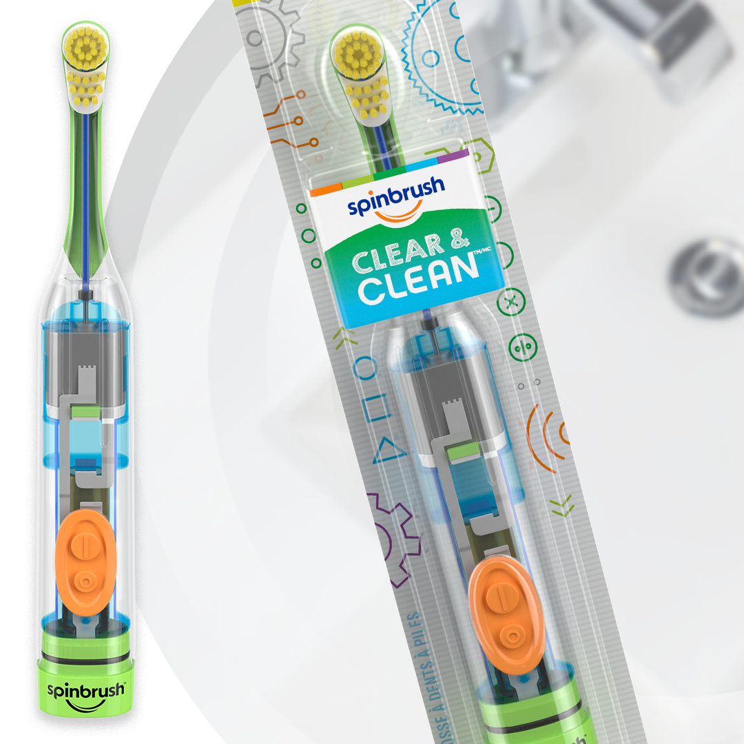 slide 2 of 2, Spinbrush Clear & Clean Kids Toothbrush, Battery-Powered Electric Toothbrush, Soft Bristles, Batteries Included, 1-Count, 1 ct