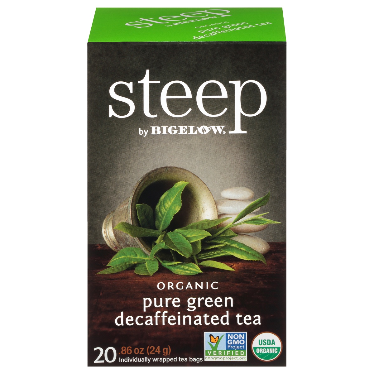 slide 1 of 9, Bigelow steep Organic Pure Green Decaffeinated Tea, 20 ct