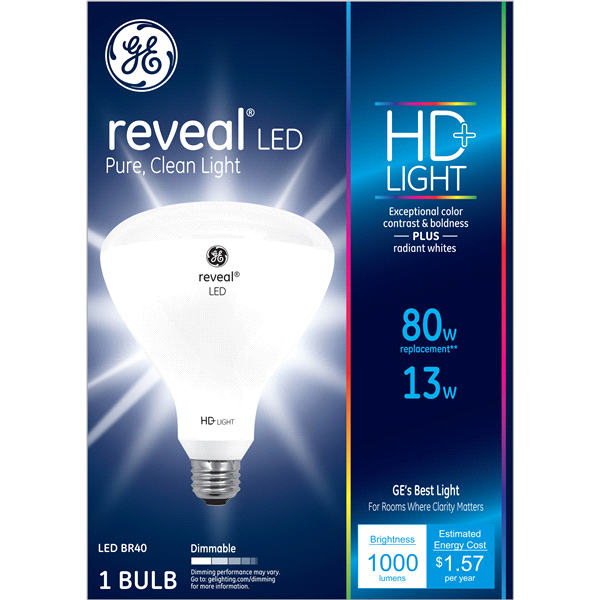 slide 1 of 5, GE Reveal 80 W Equivalent Dimmable Color-Enhancing BR40 BR40 LED Light Fixture Light Bulb, 1 ct