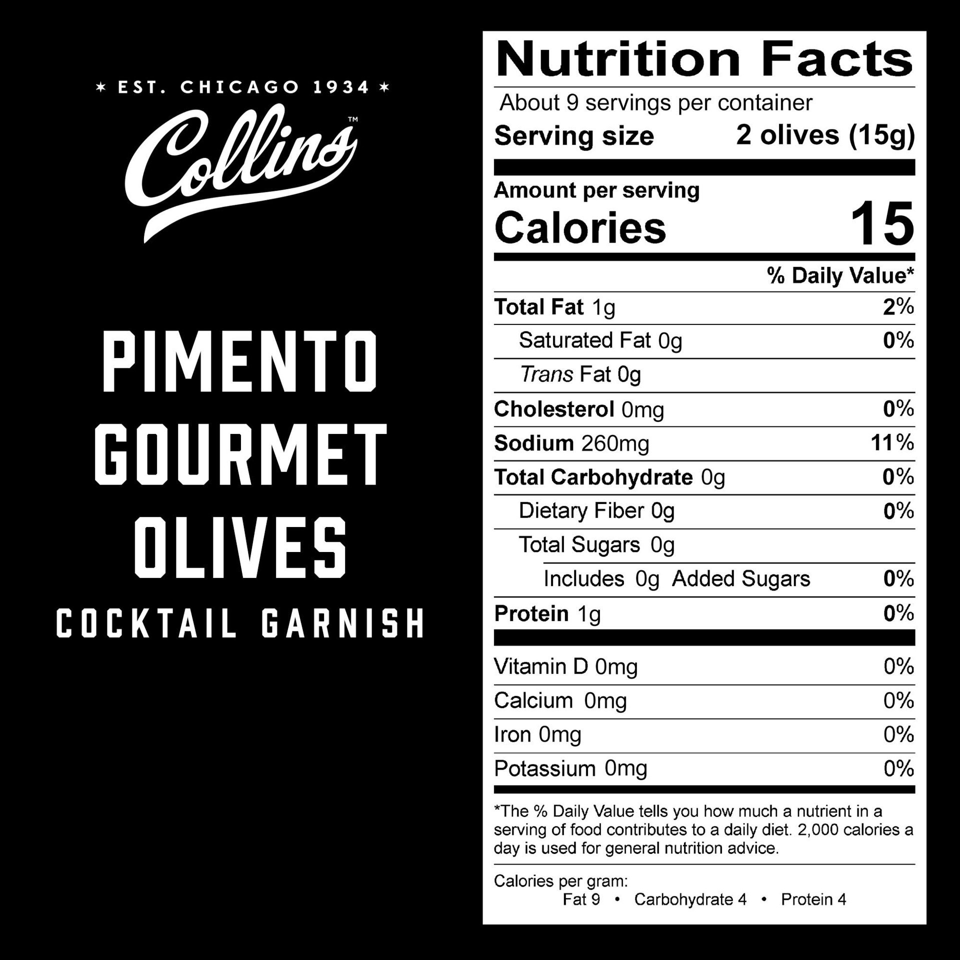 slide 5 of 5, Collins Gourmet Pimento Olives | Premium Garnish for Cocktails, Dirty Martinis, Salads, Snack Trays, Charcuterie, Cheese Plates, 5oz, 4.75 oz