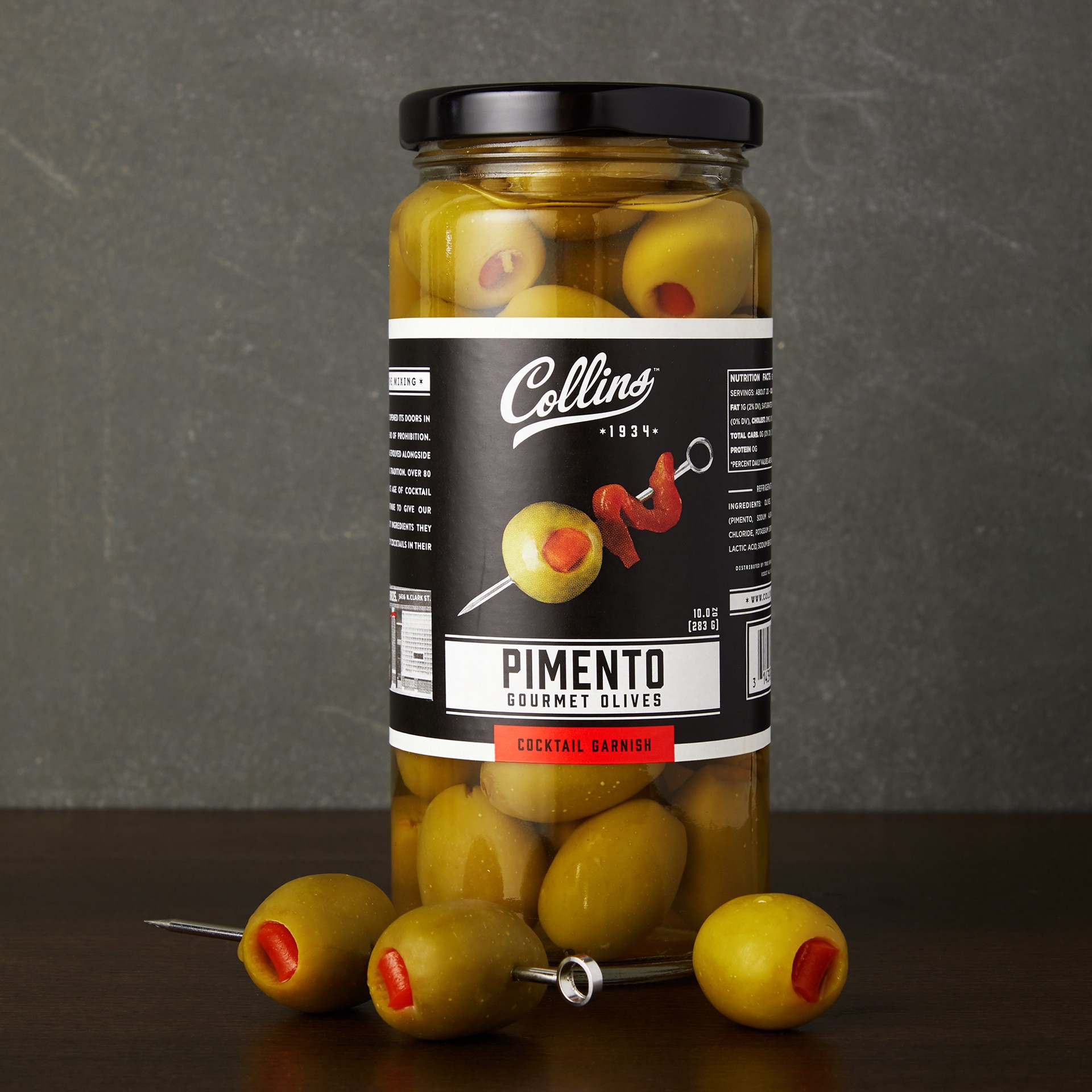 slide 2 of 5, Collins Gourmet Pimento Olives | Premium Garnish for Cocktails, Dirty Martinis, Salads, Snack Trays, Charcuterie, Cheese Plates, 5oz, 4.75 oz