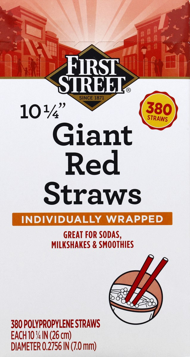 slide 5 of 6, First Street 10 1/4 Inch Red Giant Wrapped Straws, 380 ct