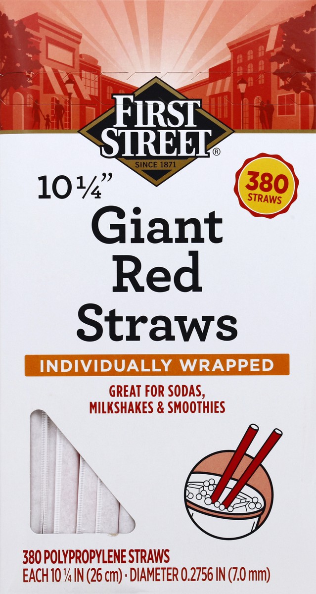 slide 6 of 6, First Street 10 1/4 Inch Red Giant Wrapped Straws, 380 ct