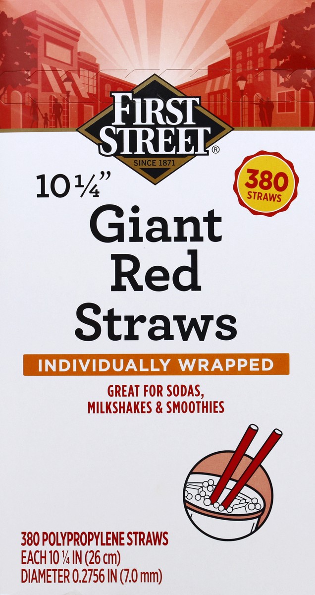slide 3 of 6, First Street 10 1/4 Inch Red Giant Wrapped Straws, 380 ct