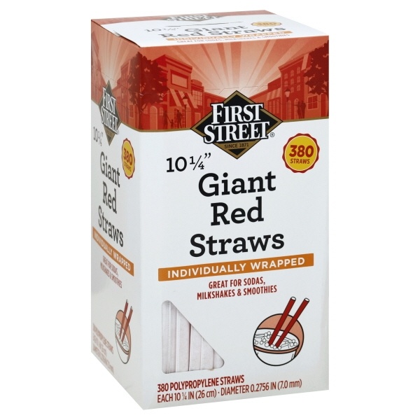 slide 1 of 6, First Street 10 1/4 Inch Red Giant Wrapped Straws, 380 ct
