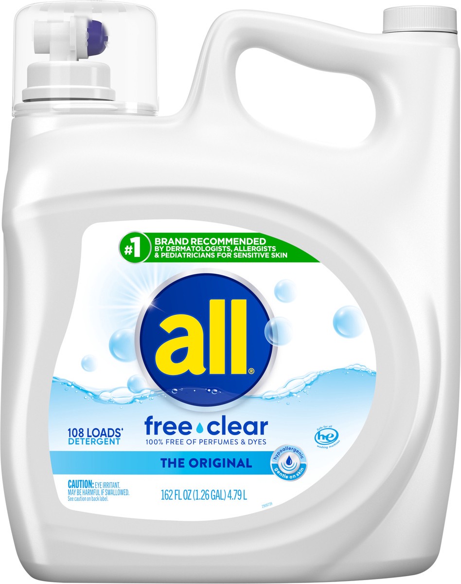 slide 2 of 3, All Liquid Laundry Detergent Free Clear for Sensitive Skin, 162 Ounce, 108 Loads, 162 fl oz