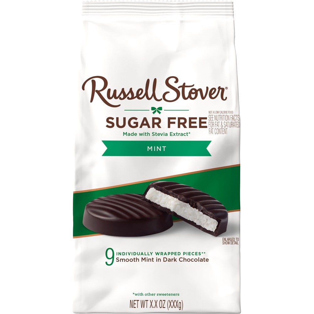 slide 1 of 1, RUSSELL STOVER Sugar Free Dark Chocolate Mint Patties Candy, 4.5 oz bag, 9 ct