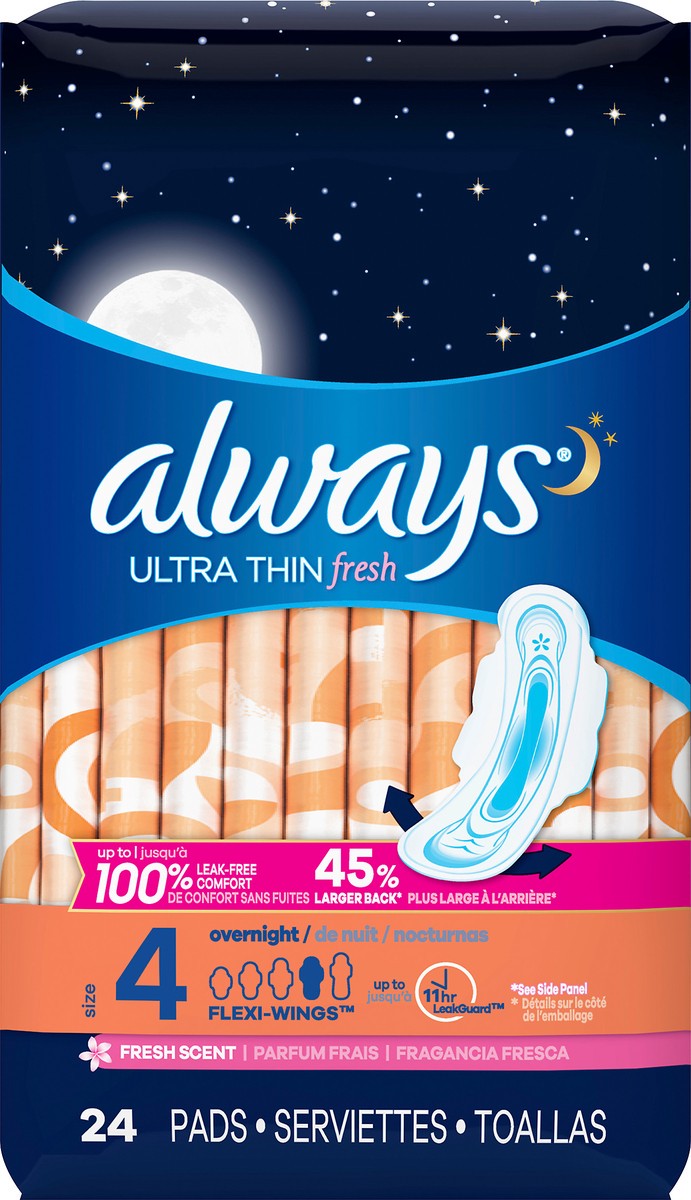 slide 2 of 3, Always Size 4 Overnight Flexi-Wings Ultra Thin Fresh Scent Pads 24 ea, 24 ct