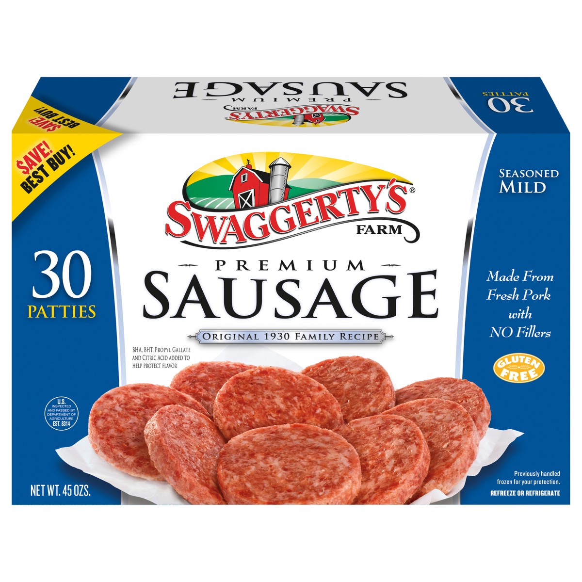 slide 9 of 10, Swaggerty's Farm Sausage, Premium, Seasoned, Mild, 45 oz