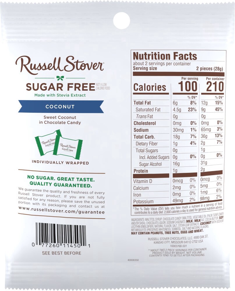 slide 2 of 2, RUSSELL STOVER Sugar Free Coconut in Chocolate Candy, 2 oz. bag, 4 ct