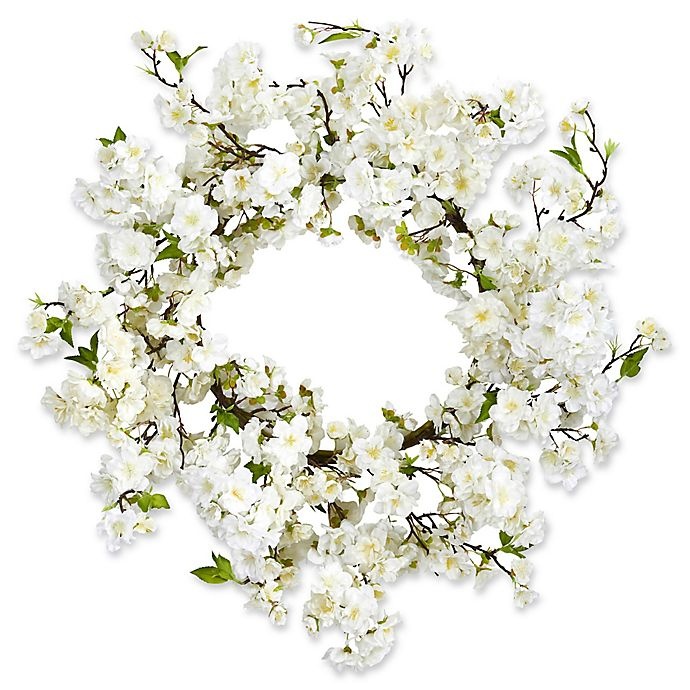 slide 1 of 1, Nearly Natural Cherry Blossom Wreath - White, 24 in