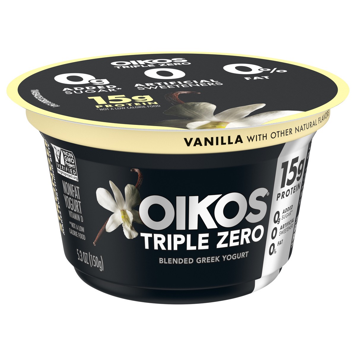 slide 4 of 9, Oikos Vanilla 15g Protein, 0g Added Sugar, Nonfat Greek Yogurt, 5.3 OZ Cup, 5.3 oz