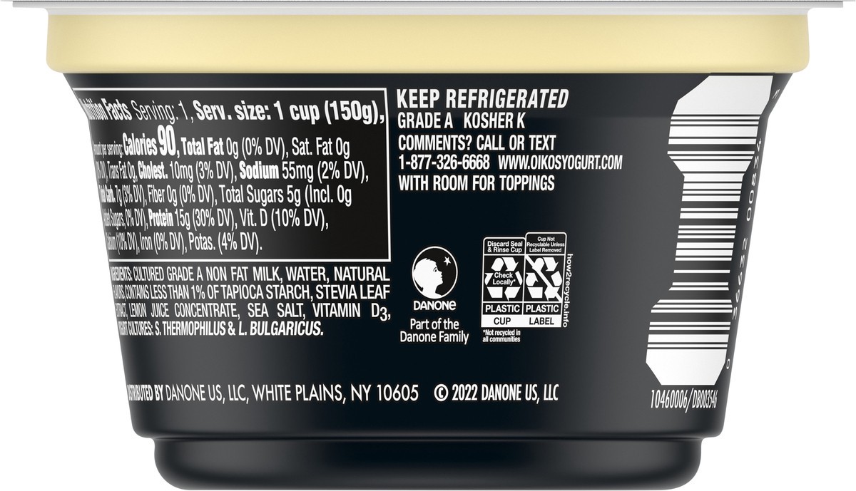 slide 5 of 9, Oikos Vanilla 15g Protein, 0g Added Sugar, Nonfat Greek Yogurt, 5.3 OZ Cup, 5.3 oz
